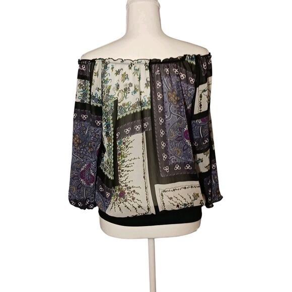 Cato Off-The-Shoulder Multi-Color Patchwork Print Sheer 3/4 Sleeve Blouse Medium - Picture 5 of 9